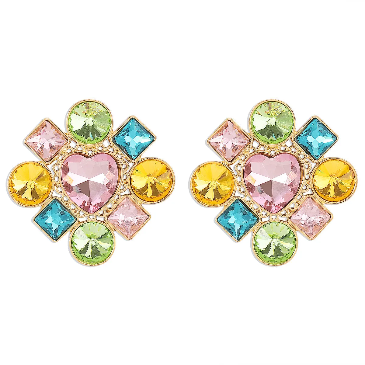 Pink Multicolor Crystal & 18K Gold-Plated Heart Stud Earring