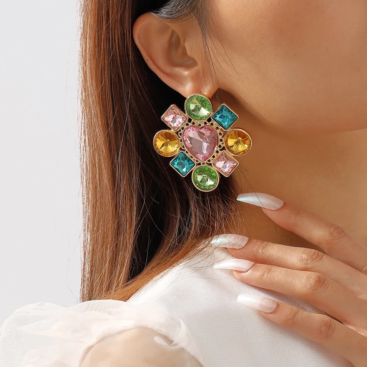 Pink Multicolor Crystal & 18K Gold-Plated Heart Stud Earring