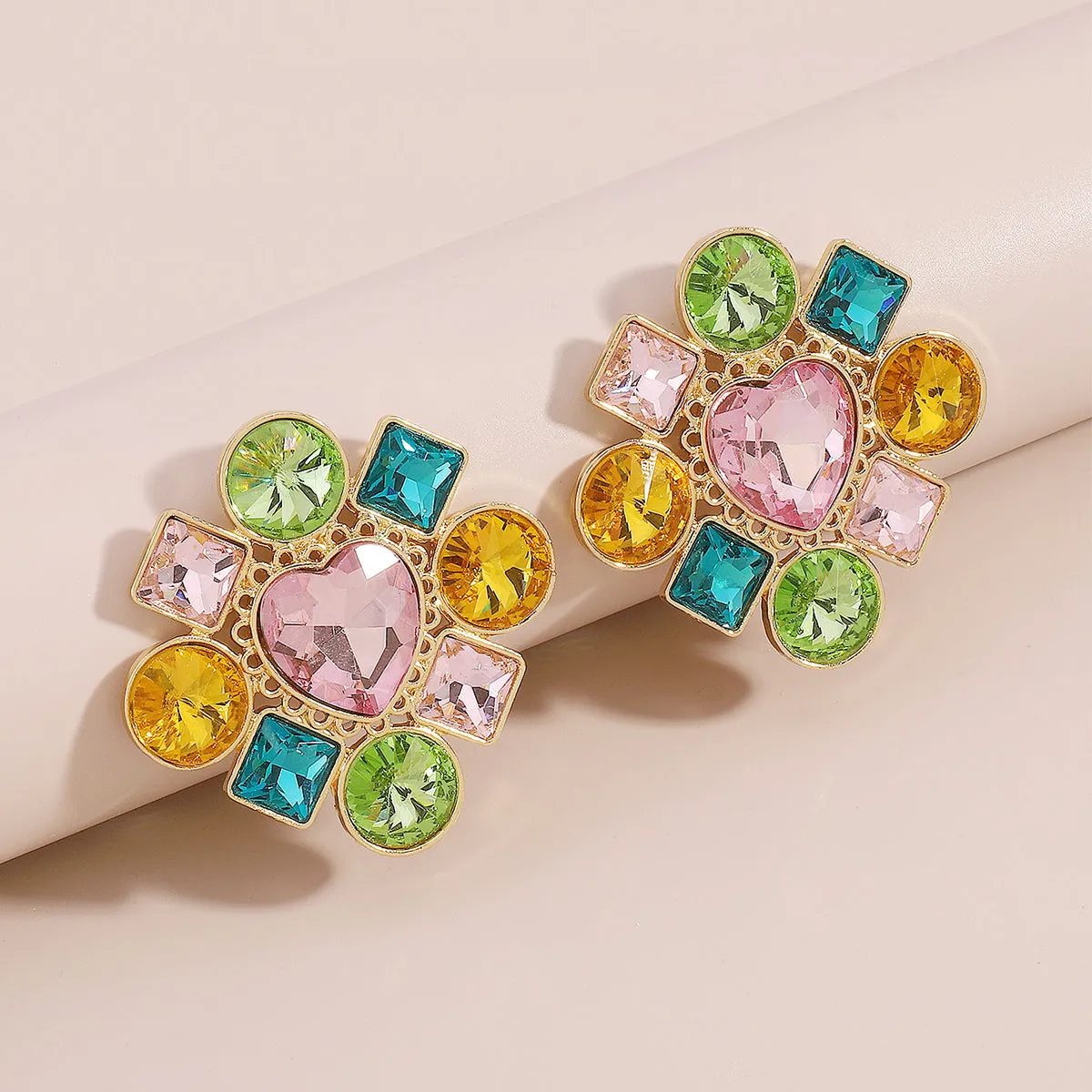 Pink Multicolor Crystal & 18K Gold-Plated Heart Stud Earring