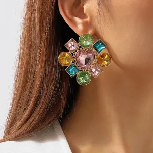 Pink Multicolor Crystal & 18K Gold-Plated Heart Stud Earring