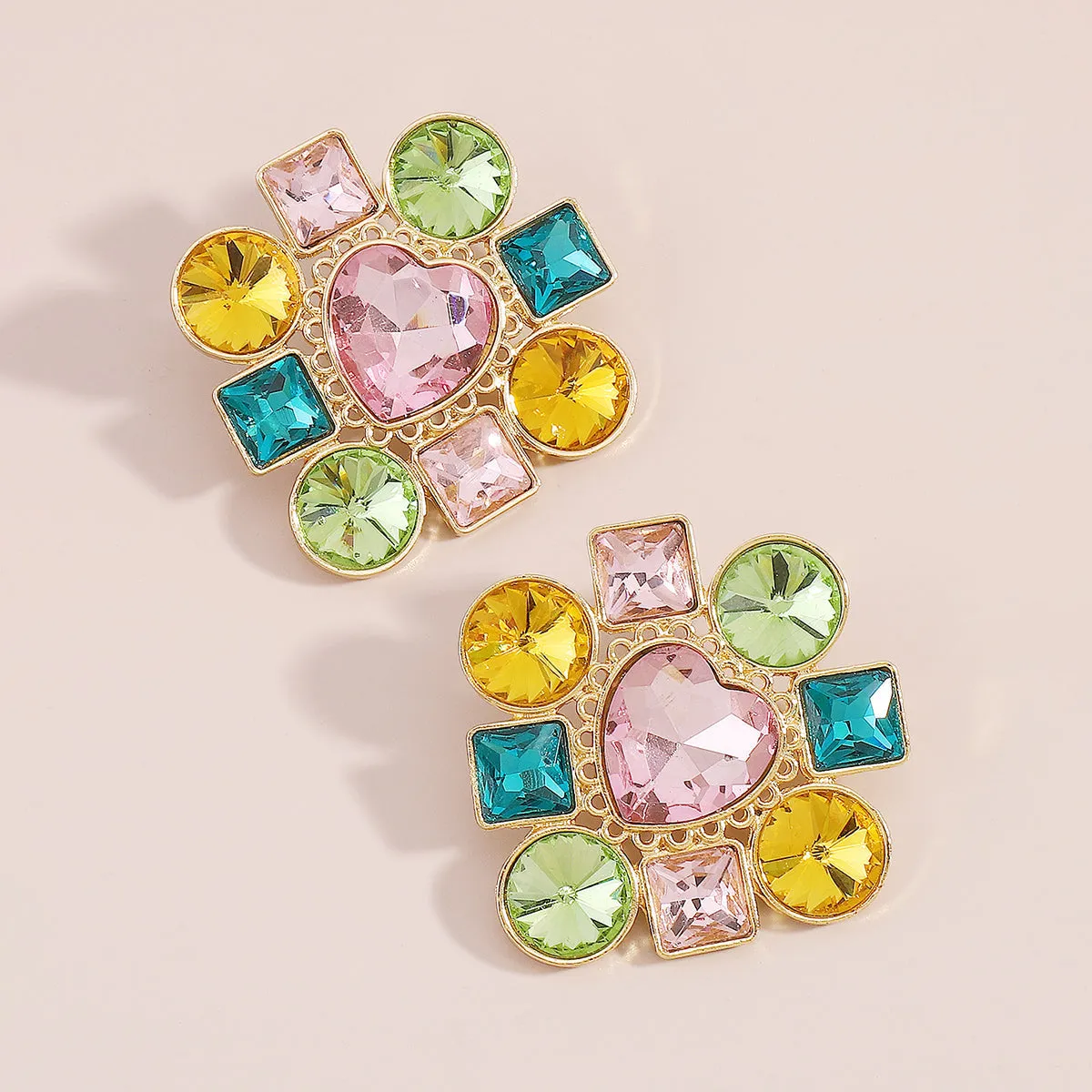 Pink Multicolor Crystal & 18K Gold-Plated Heart Stud Earring
