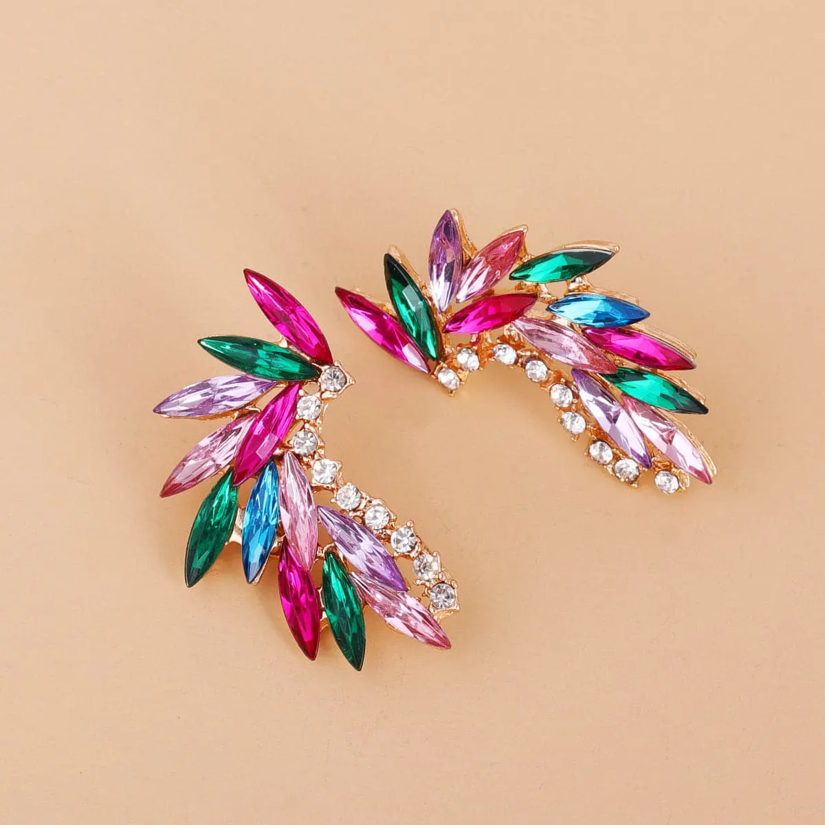 Pink Multicolor Crystal & Cubic Zirconia Wing Stud Earrings