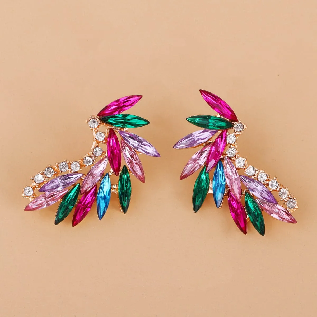 Pink Multicolor Crystal & Cubic Zirconia Wing Stud Earrings