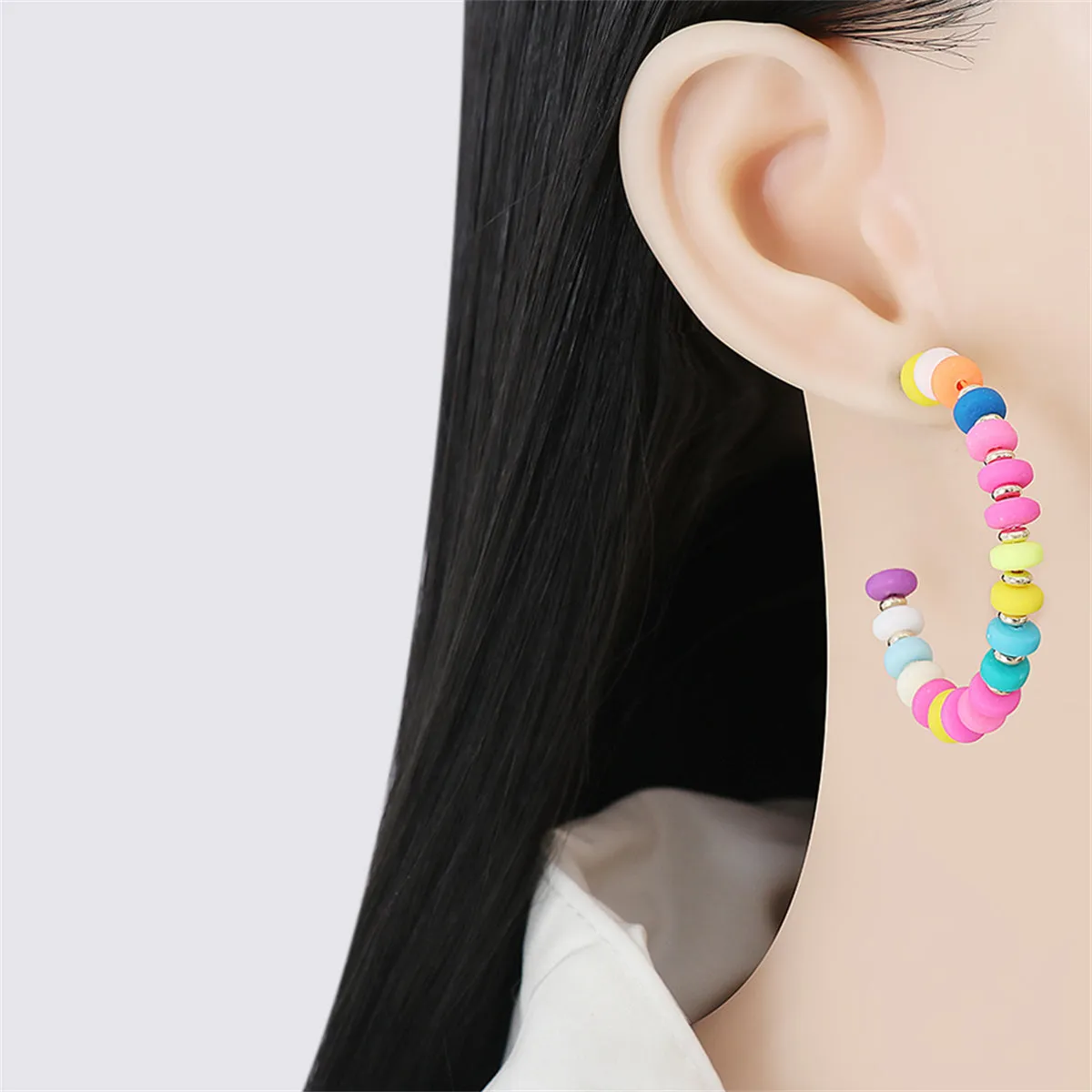 Pink Multicolor Howlite & 18K Gold-Plated Beaded Hoop Earring