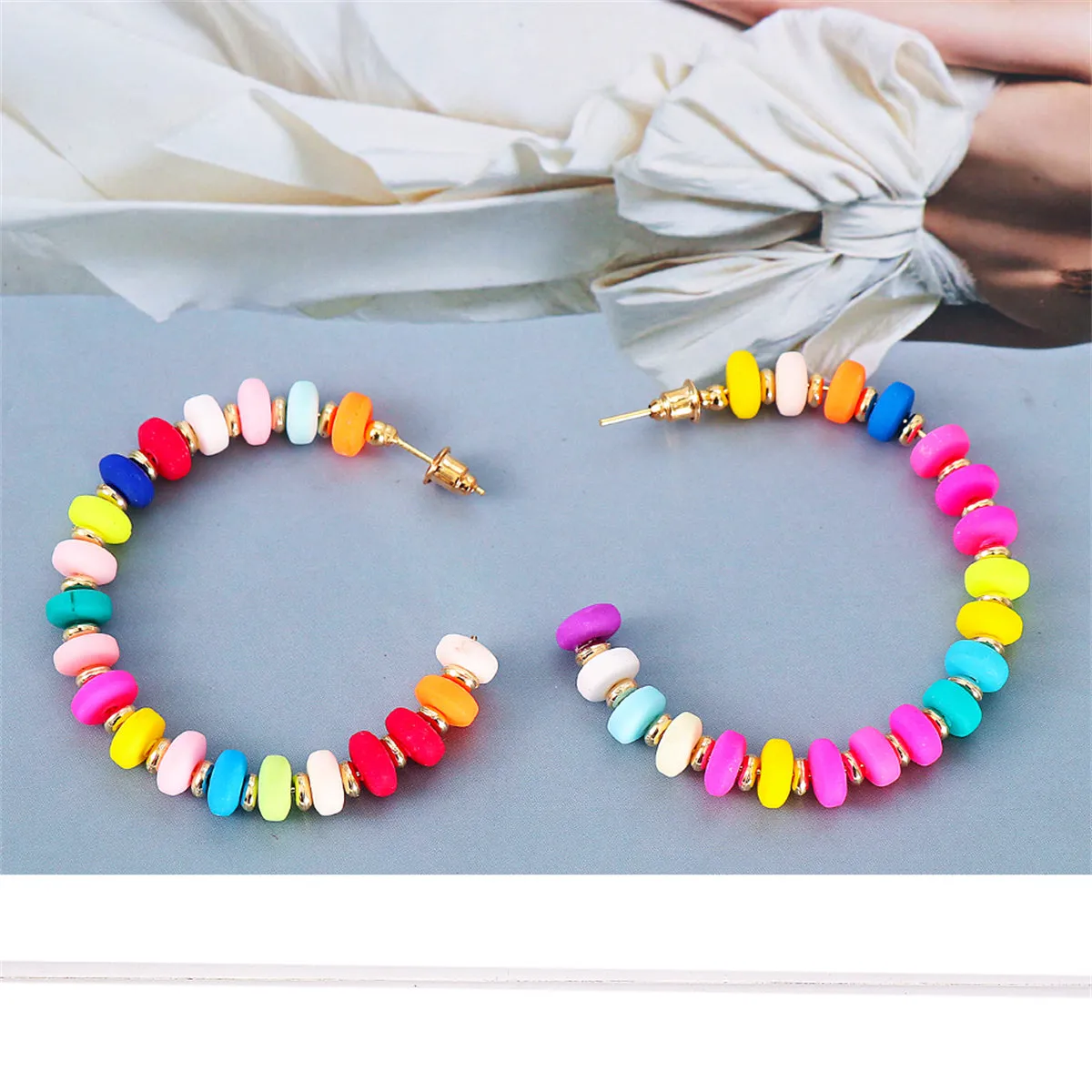 Pink Multicolor Howlite & 18K Gold-Plated Beaded Hoop Earring