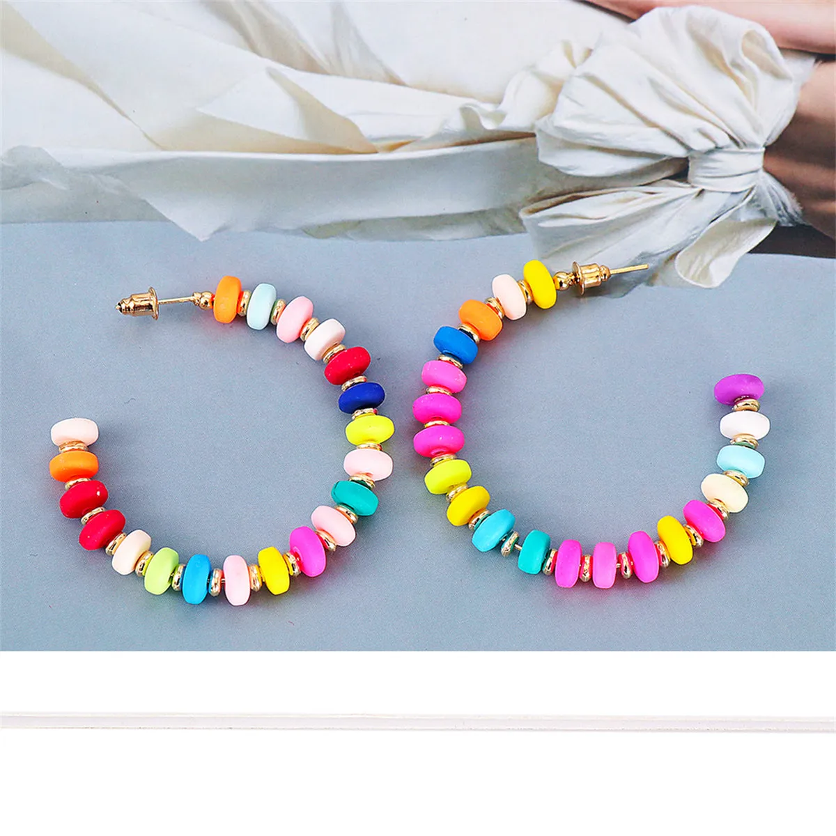 Pink Multicolor Howlite & 18K Gold-Plated Beaded Hoop Earring