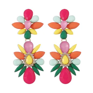 Pink Multicolor Resin & Cubic Zirconia Floral Drop Earrings