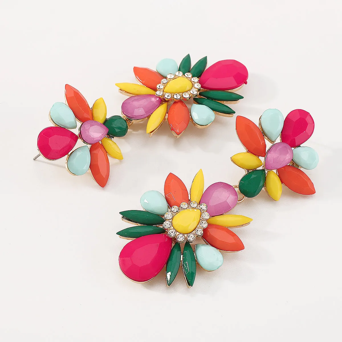 Pink Multicolor Resin & Cubic Zirconia Floral Drop Earrings