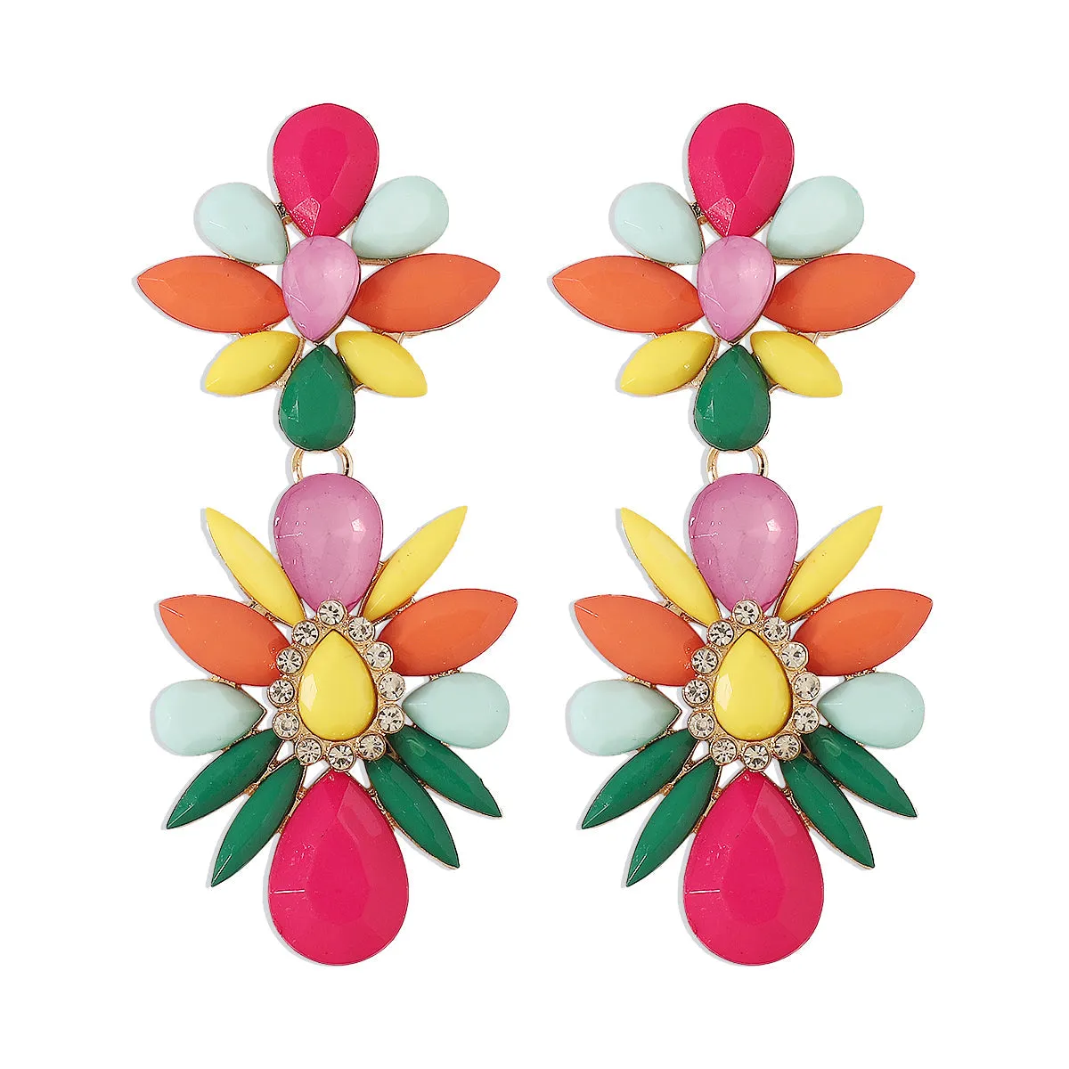 Pink Multicolor Resin & Cubic Zirconia Floral Drop Earrings
