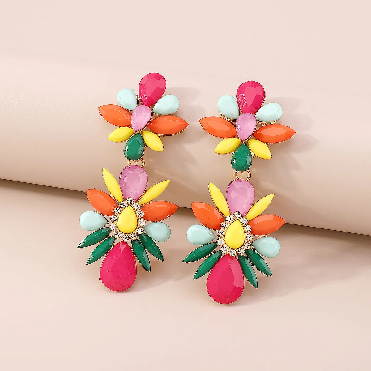 Pink Multicolor Resin & Cubic Zirconia Floral Drop Earrings