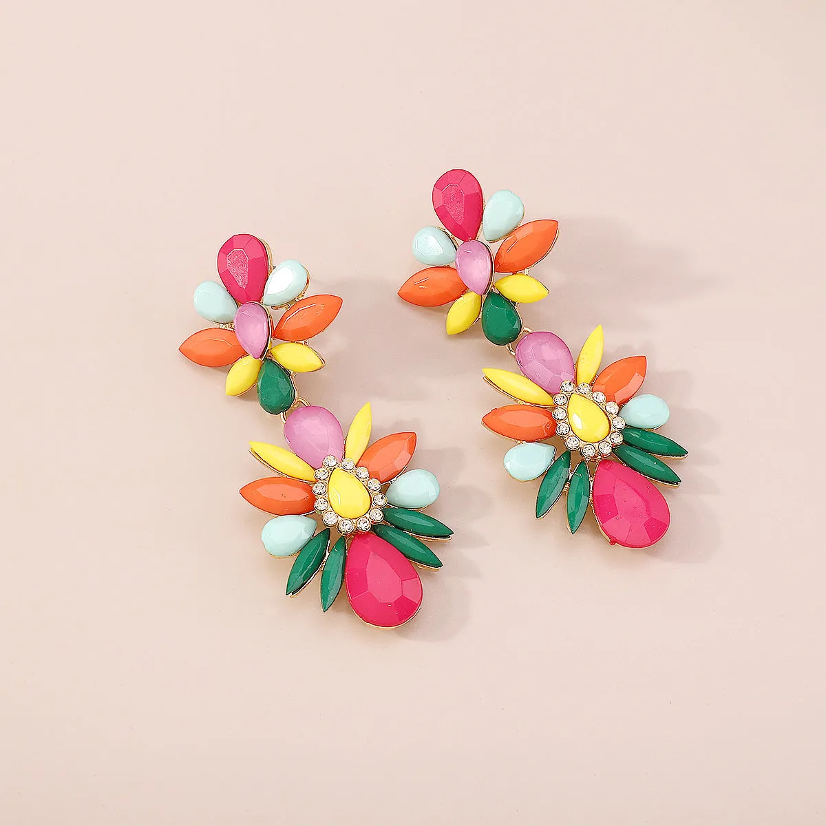 Pink Multicolor Resin & Cubic Zirconia Floral Drop Earrings