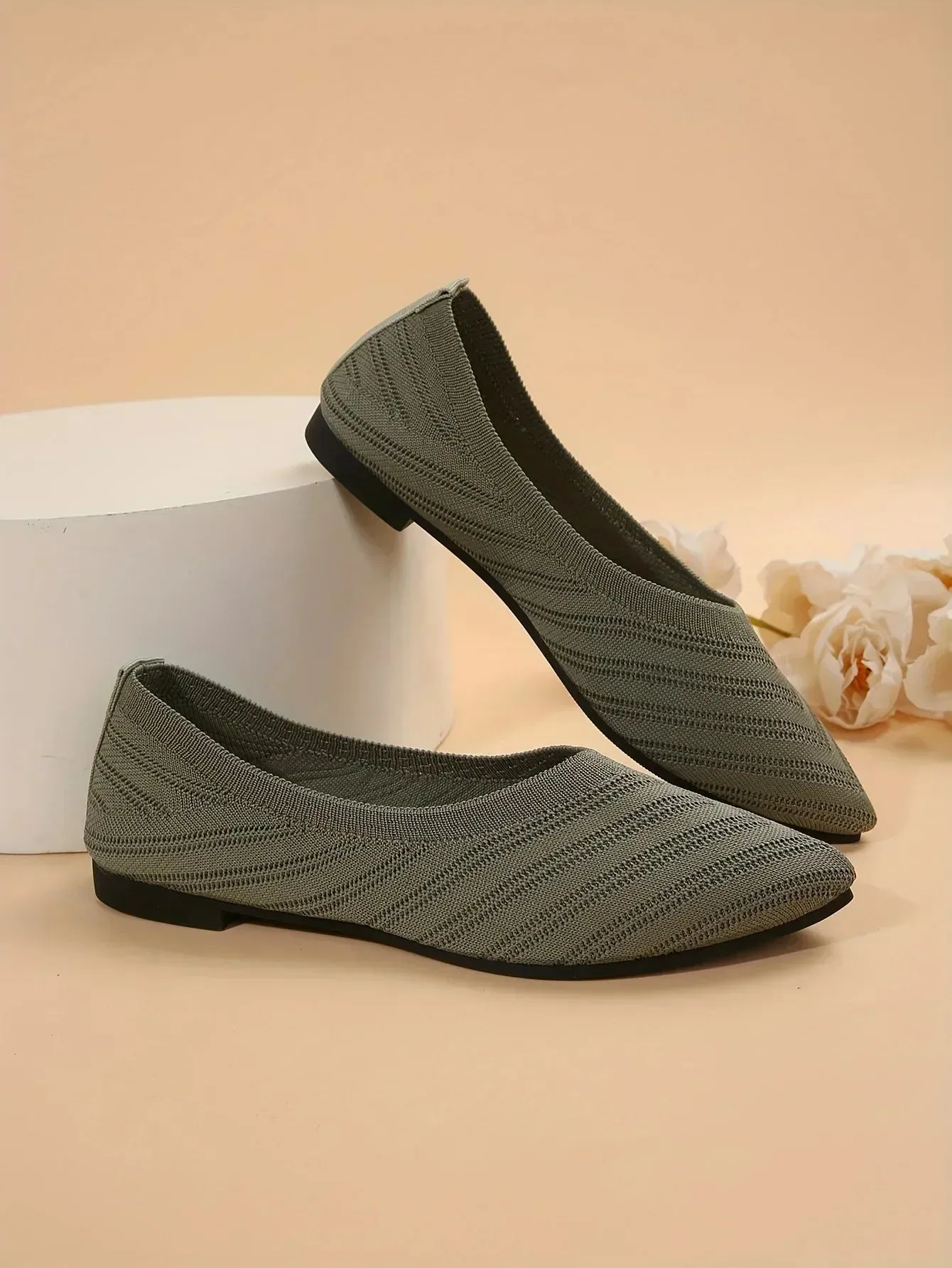 Pointed Toe Flats - Solid Color Knitted Slip-On Office Shoes, Casual Ballet Flats, Women's Loafers, Zapatos de Mujer