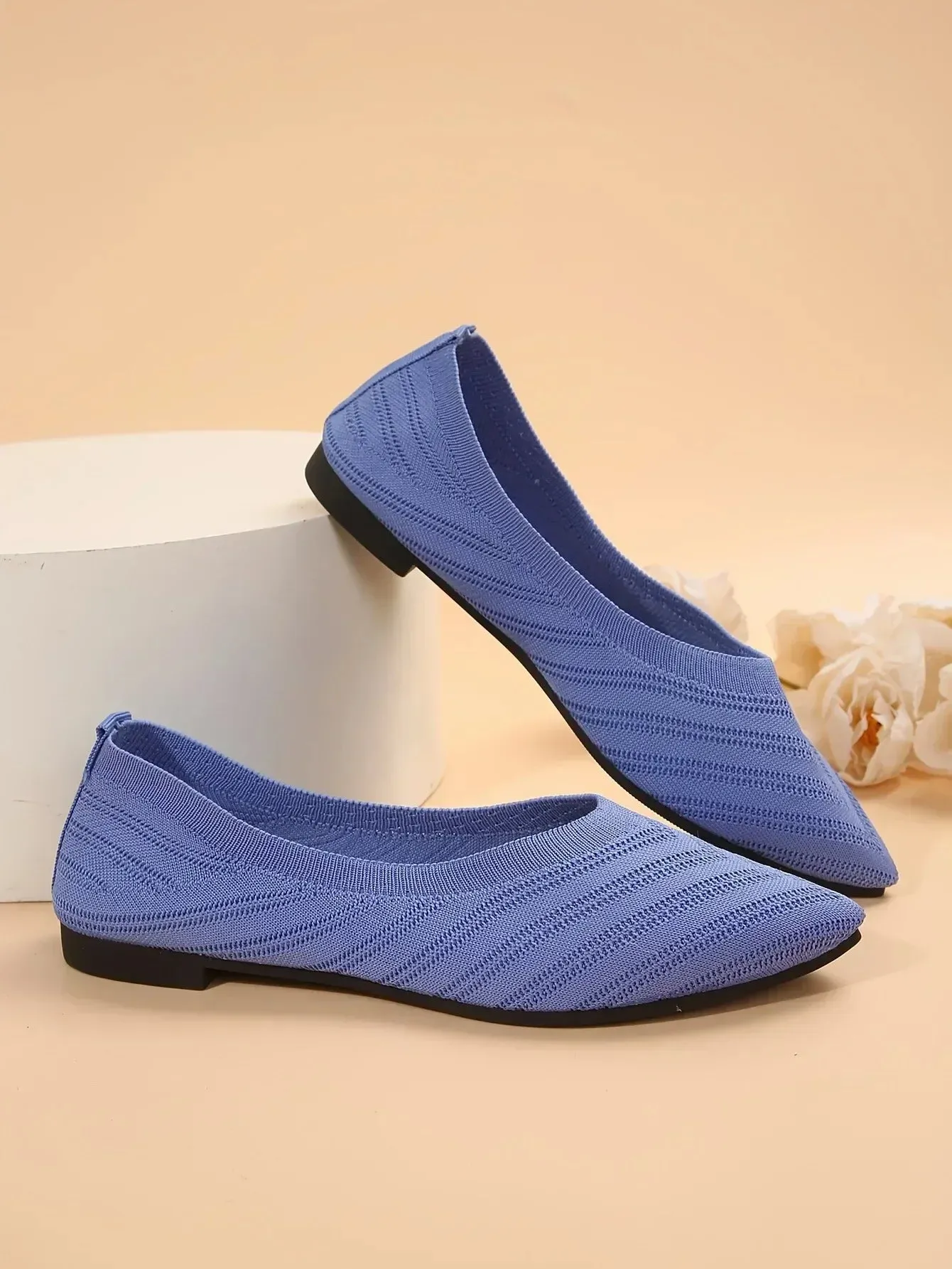 Pointed Toe Flats - Solid Color Knitted Slip-On Office Shoes, Casual Ballet Flats, Women's Loafers, Zapatos de Mujer
