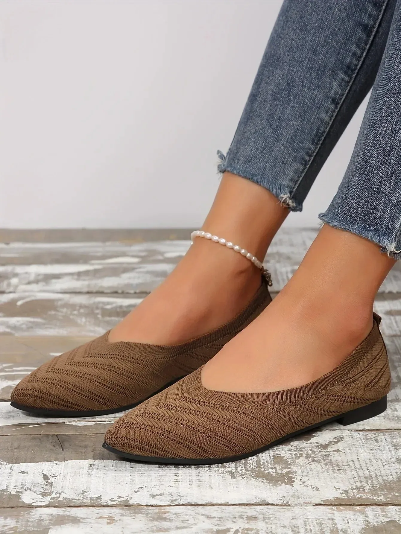 Pointed Toe Flats - Solid Color Knitted Slip-On Office Shoes, Casual Ballet Flats, Women's Loafers, Zapatos de Mujer
