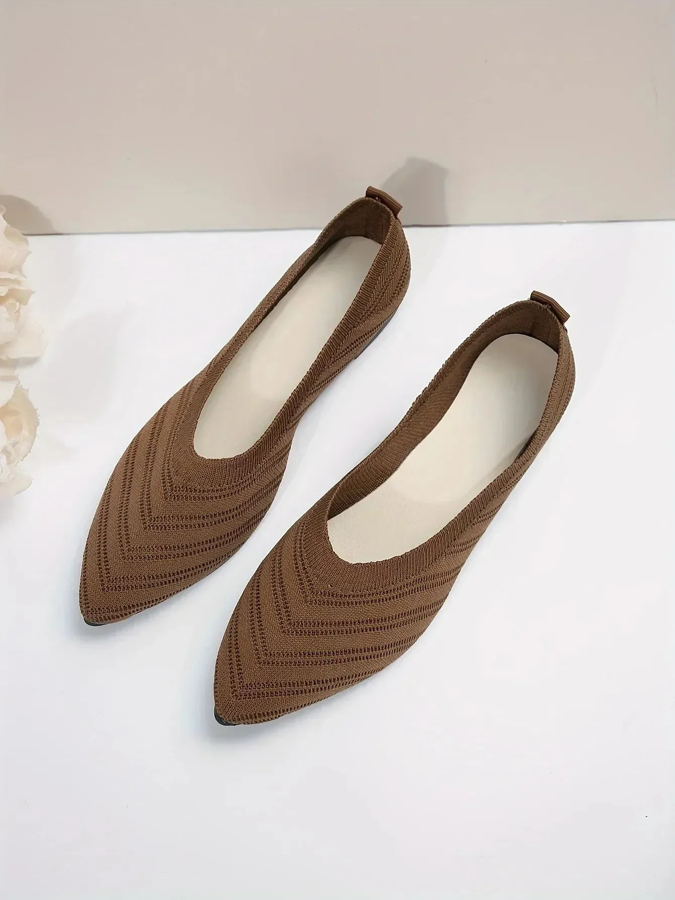 Pointed Toe Flats - Solid Color Knitted Slip-On Office Shoes, Casual Ballet Flats, Women's Loafers, Zapatos de Mujer