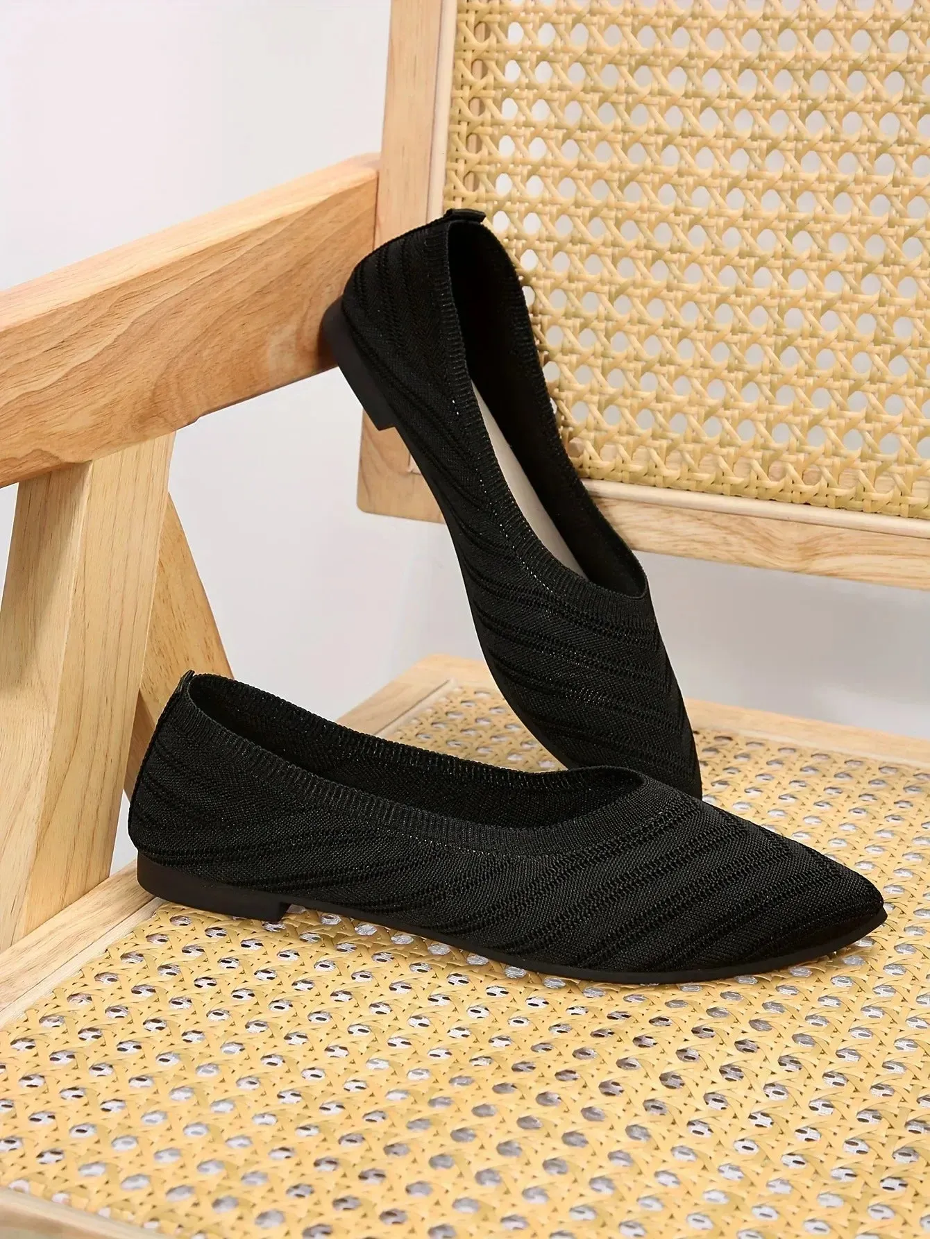 Pointed Toe Flats - Solid Color Knitted Slip-On Office Shoes, Casual Ballet Flats, Women's Loafers, Zapatos de Mujer