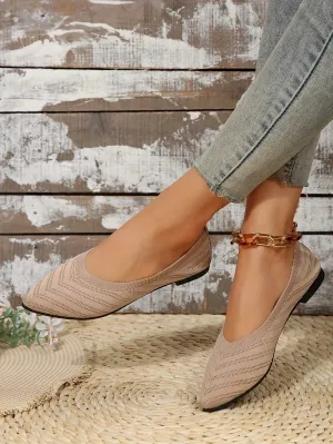Pointed Toe Flats - Solid Color Knitted Slip-On Office Shoes, Casual Ballet Flats, Women's Loafers, Zapatos de Mujer
