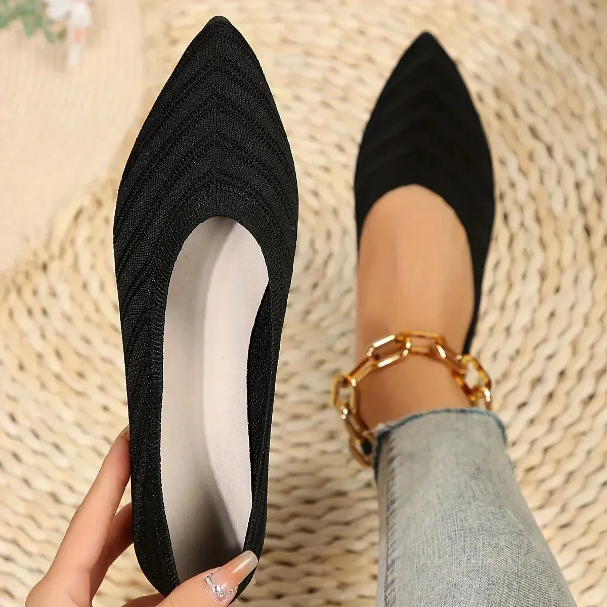 Pointed Toe Flats - Solid Color Knitted Slip-On Office Shoes, Casual Ballet Flats, Women's Loafers, Zapatos de Mujer