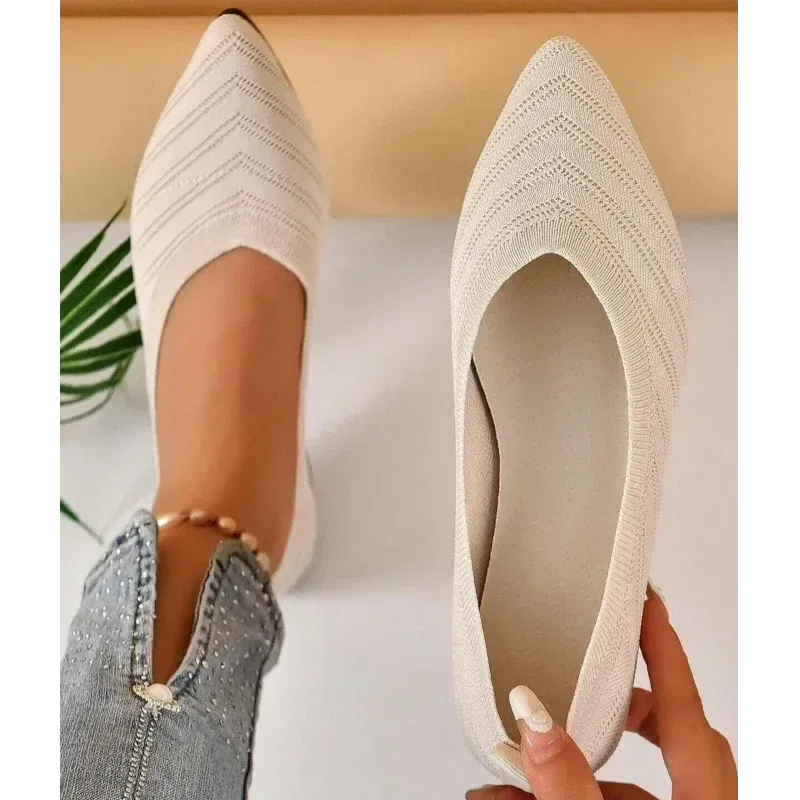Pointed Toe Flats - Solid Color Knitted Slip-On Office Shoes, Casual Ballet Flats, Women's Loafers, Zapatos de Mujer
