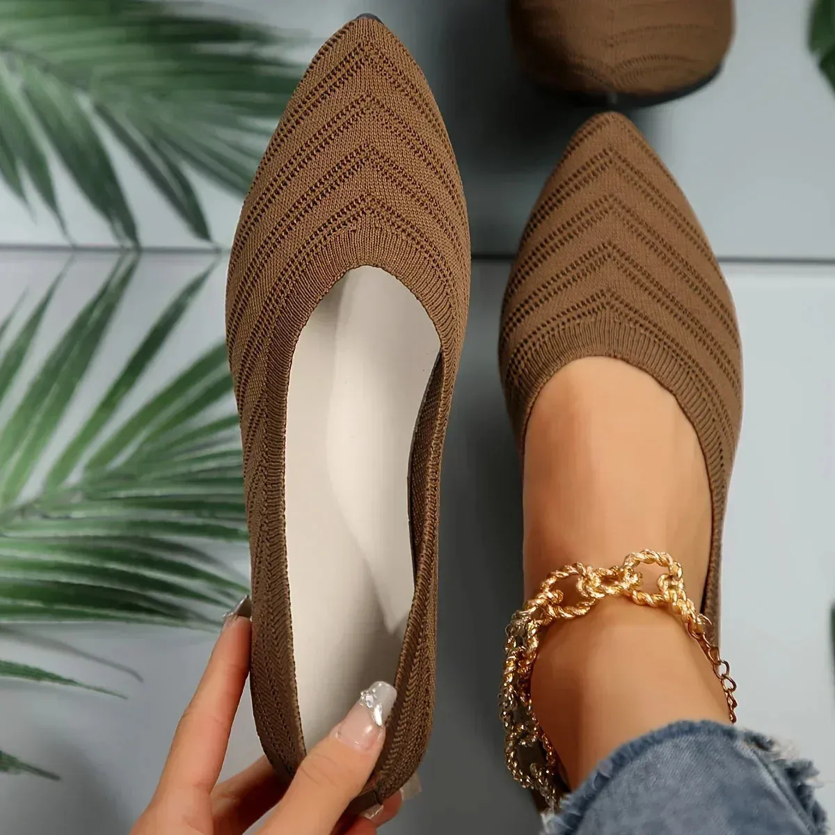 Pointed Toe Flats - Solid Color Knitted Slip-On Office Shoes, Casual Ballet Flats, Women's Loafers, Zapatos de Mujer
