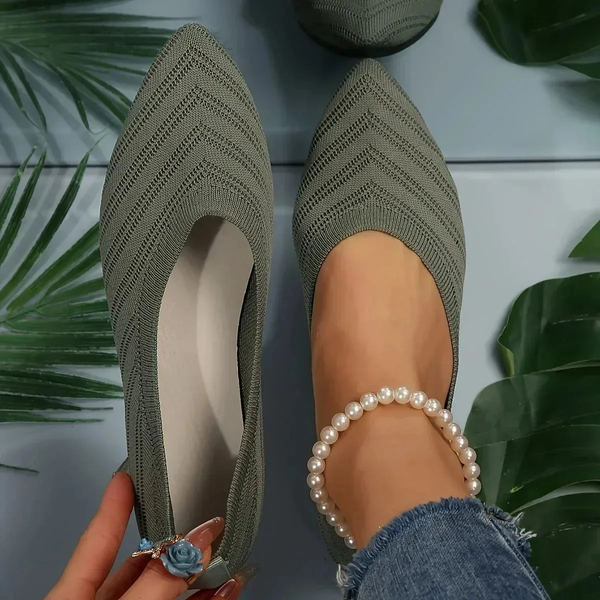 Pointed Toe Flats - Solid Color Knitted Slip-On Office Shoes, Casual Ballet Flats, Women's Loafers, Zapatos de Mujer