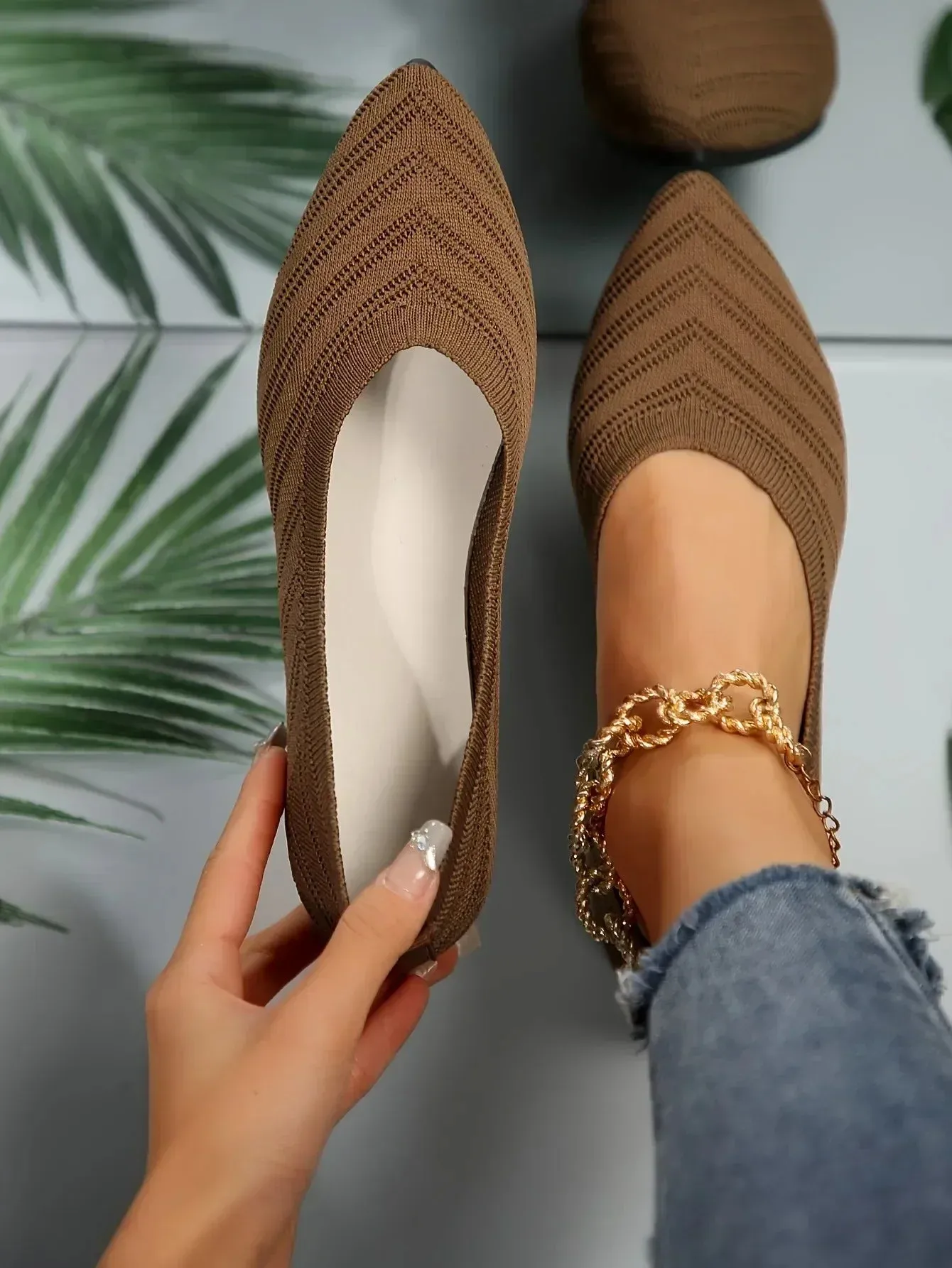 Pointed Toe Flats - Solid Color Knitted Slip-On Office Shoes, Casual Ballet Flats, Women's Loafers, Zapatos de Mujer