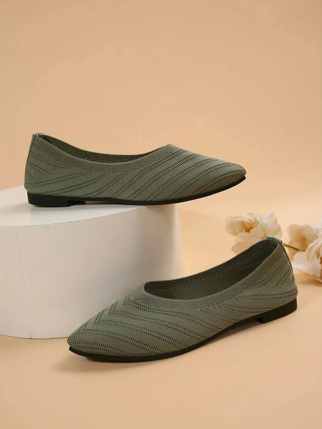 Pointed Toe Flats - Solid Color Knitted Slip-On Office Shoes, Casual Ballet Flats, Women's Loafers, Zapatos de Mujer