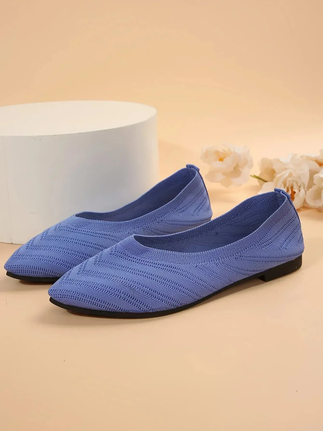 Pointed Toe Flats - Solid Color Knitted Slip-On Office Shoes, Casual Ballet Flats, Women's Loafers, Zapatos de Mujer