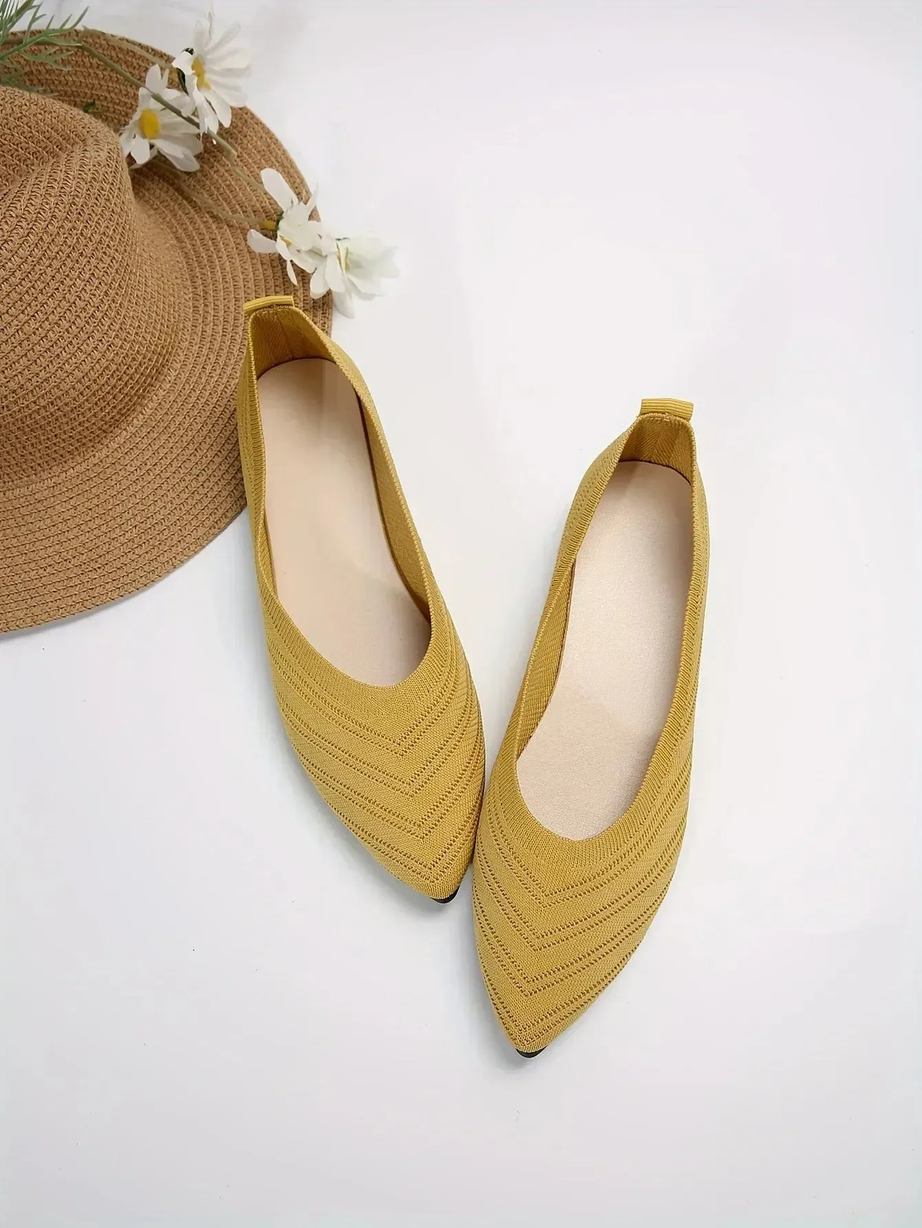 Pointed Toe Flats - Solid Color Knitted Slip-On Office Shoes, Casual Ballet Flats, Women's Loafers, Zapatos de Mujer