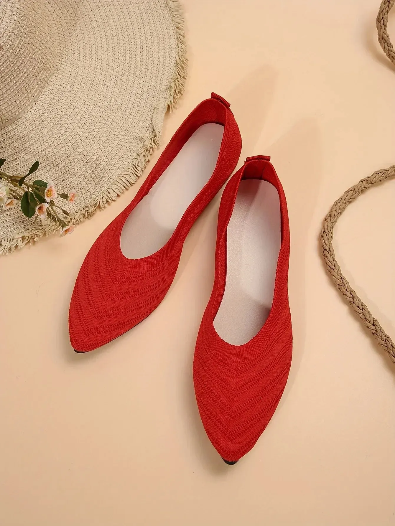 Pointed Toe Flats - Solid Color Knitted Slip-On Office Shoes, Casual Ballet Flats, Women's Loafers, Zapatos de Mujer