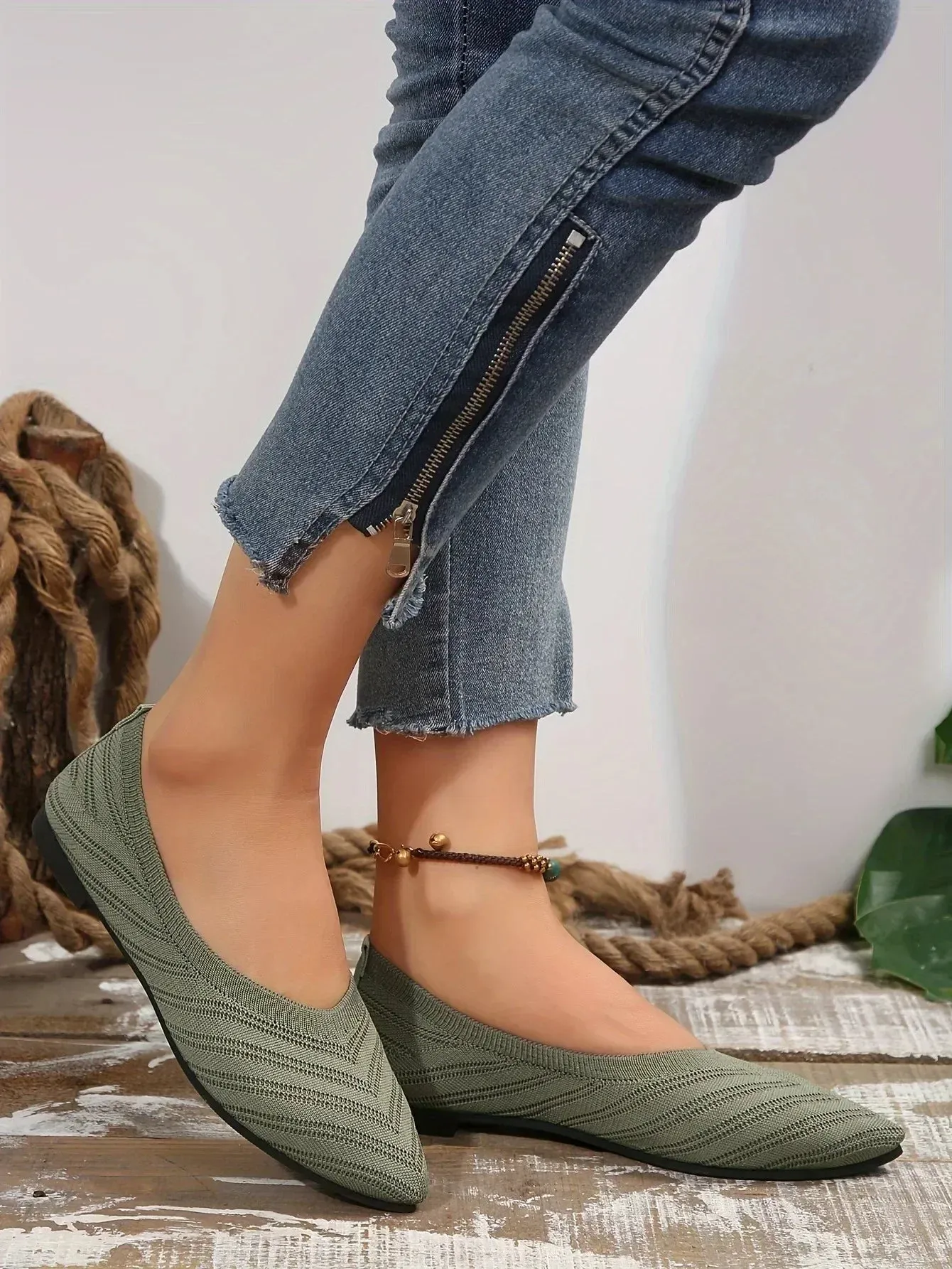 Pointed Toe Flats - Solid Color Knitted Slip-On Office Shoes, Casual Ballet Flats, Women's Loafers, Zapatos de Mujer