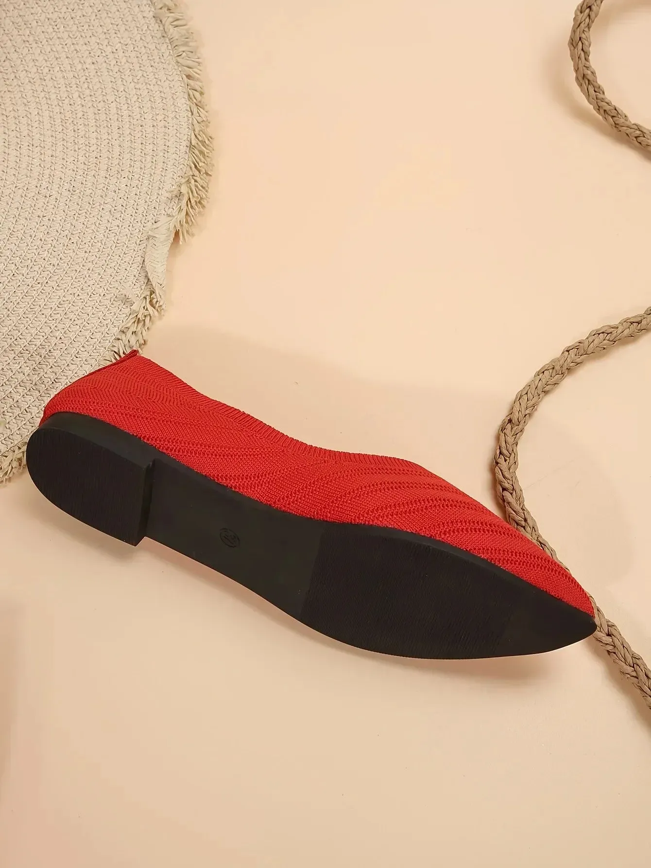 Pointed Toe Flats - Solid Color Knitted Slip-On Office Shoes, Casual Ballet Flats, Women's Loafers, Zapatos de Mujer