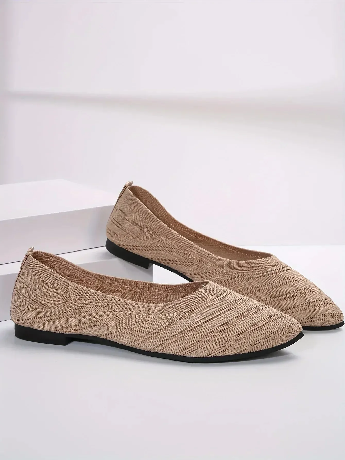 Pointed Toe Flats - Solid Color Knitted Slip-On Office Shoes, Casual Ballet Flats, Women's Loafers, Zapatos de Mujer