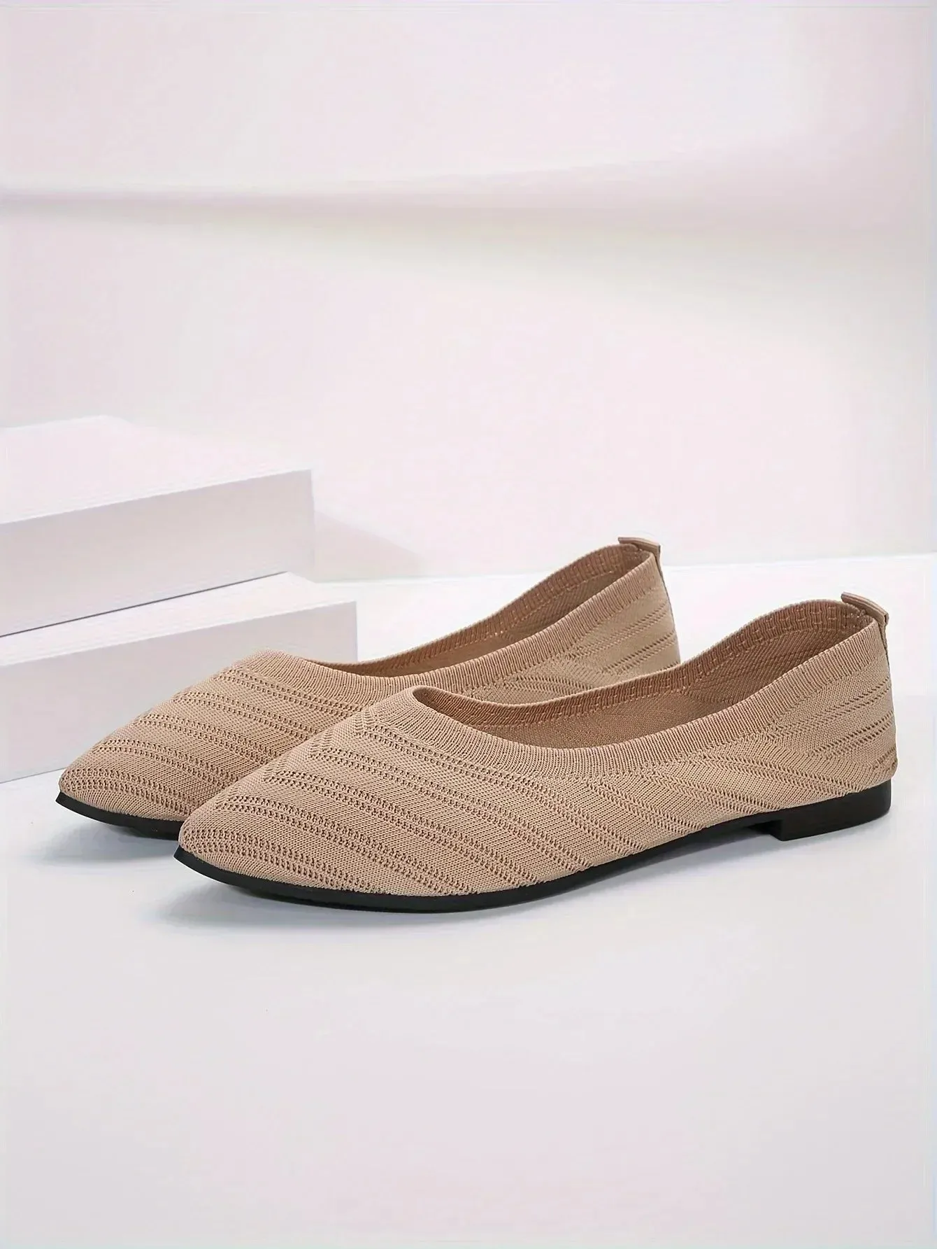 Pointed Toe Flats - Solid Color Knitted Slip-On Office Shoes, Casual Ballet Flats, Women's Loafers, Zapatos de Mujer