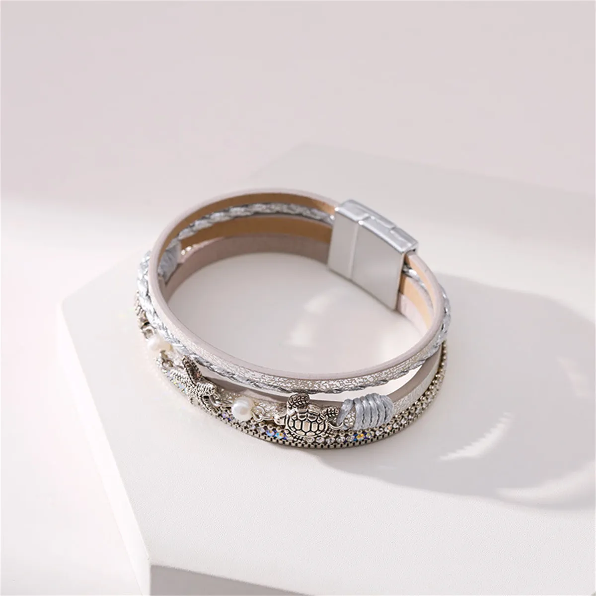 Polystyrene & Pearl Silver-Plated Turtle Starfish Layered Bracelet