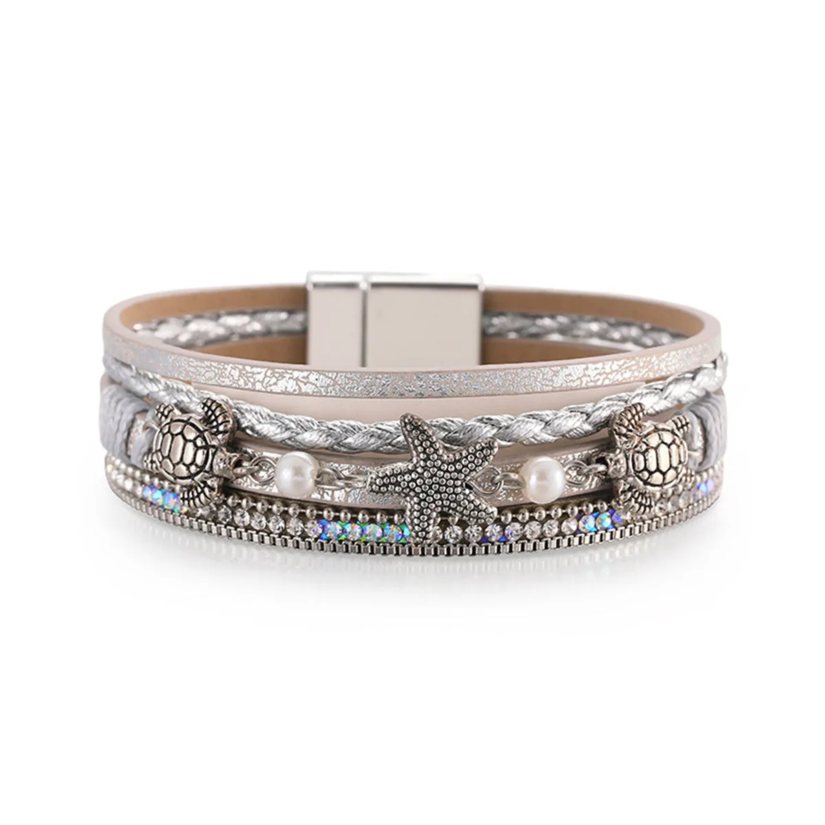 Polystyrene & Pearl Silver-Plated Turtle Starfish Layered Bracelet