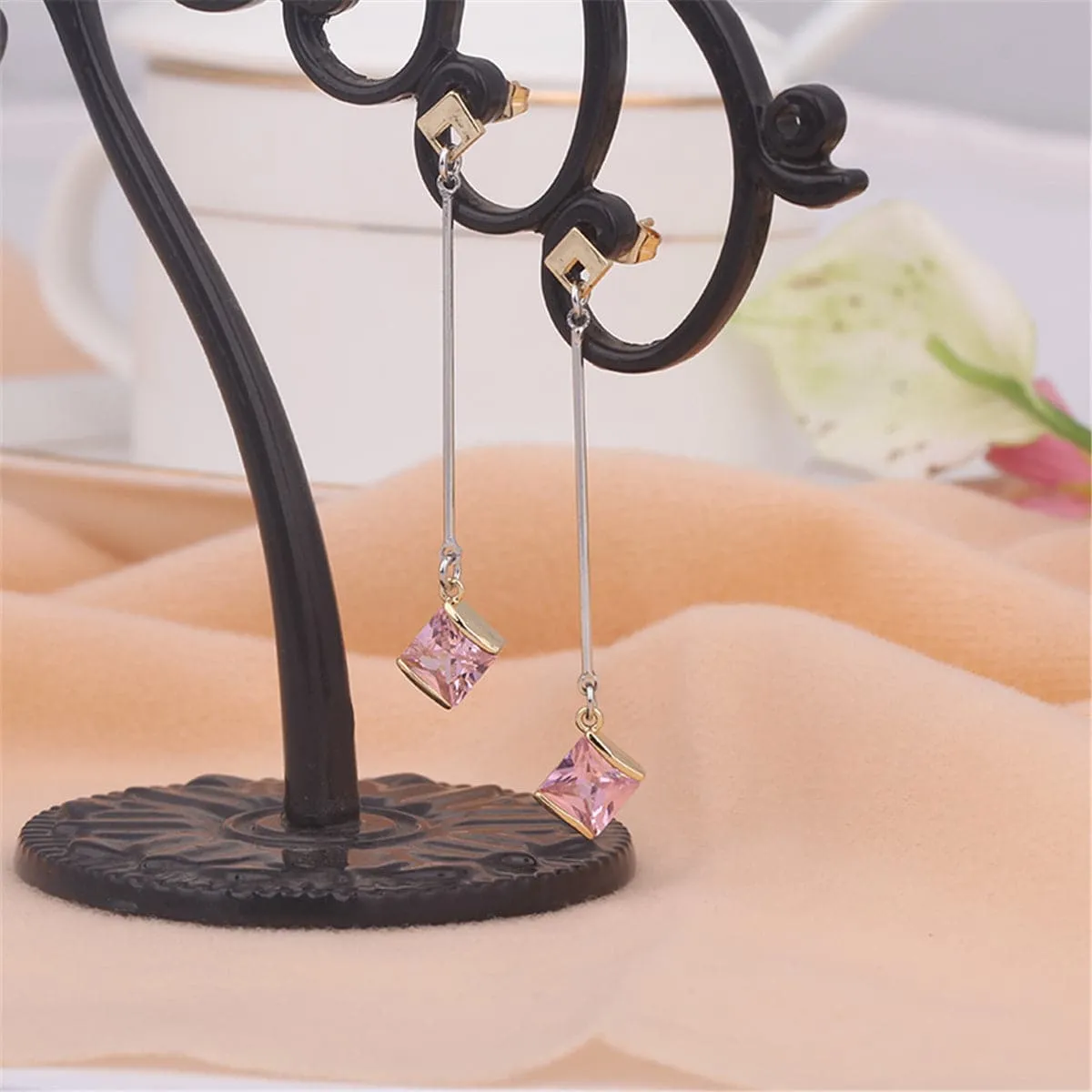 Princess Crystal & Two-Tone Drop Earrings