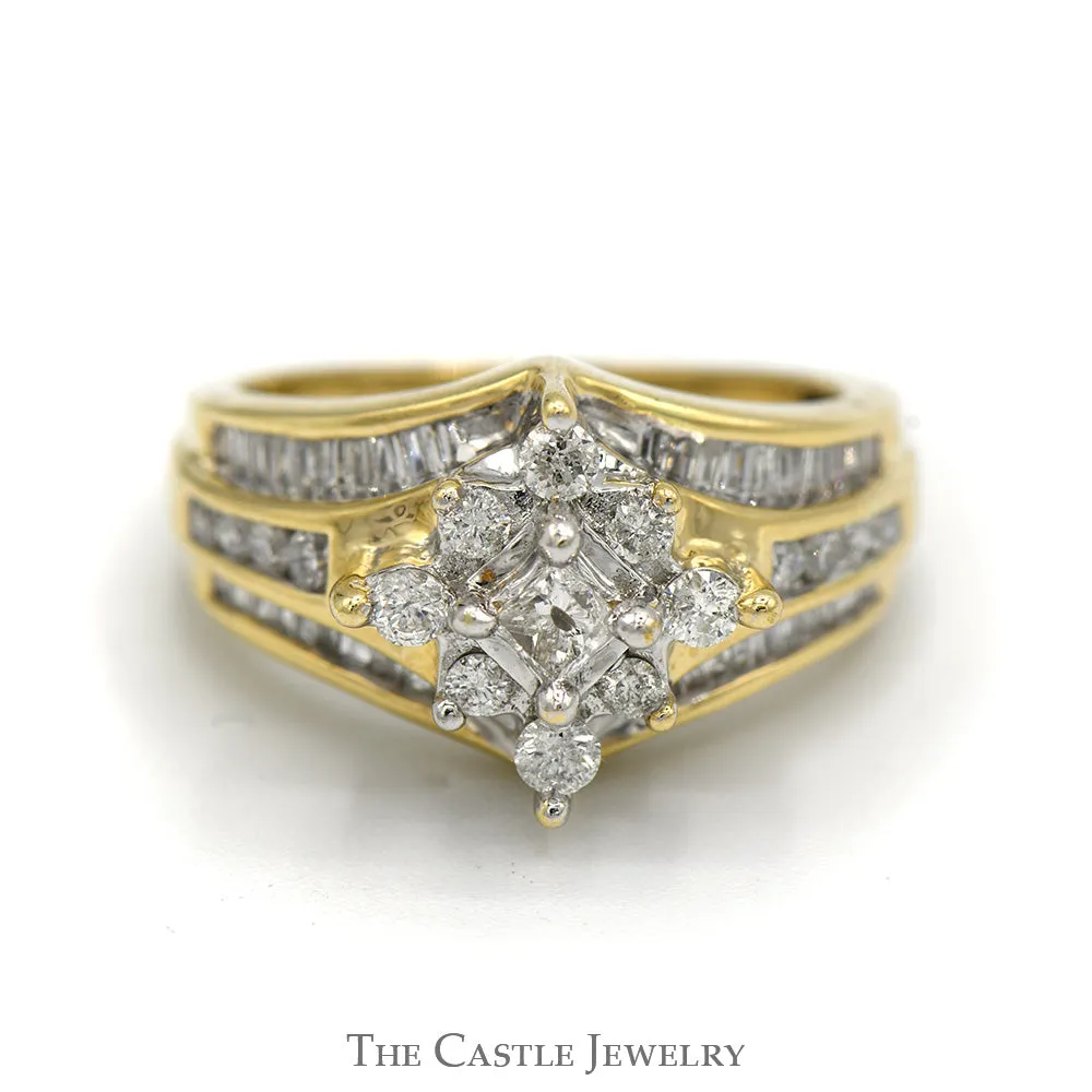 Princess Cut Diamond Ring with Round and Baguette Accented Mounting