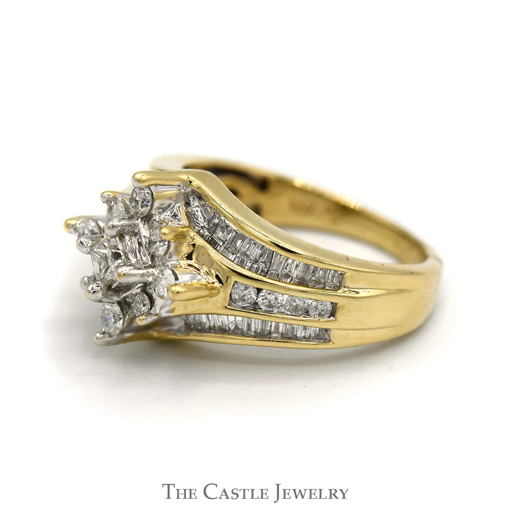 Princess Cut Diamond Ring with Round and Baguette Accented Mounting