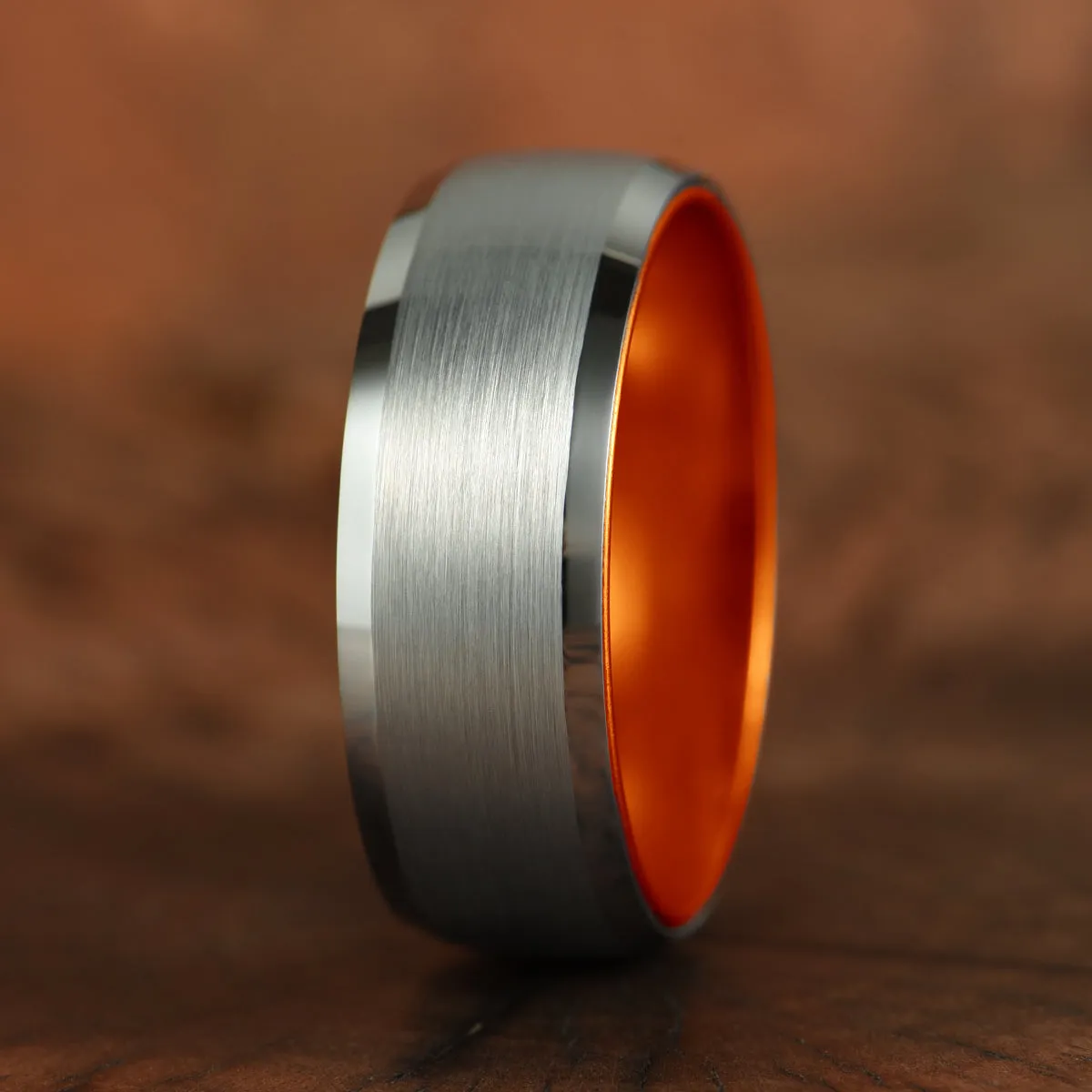 Pristine Passion Orange Interior Silver Tungsten Wedding Band 4MM