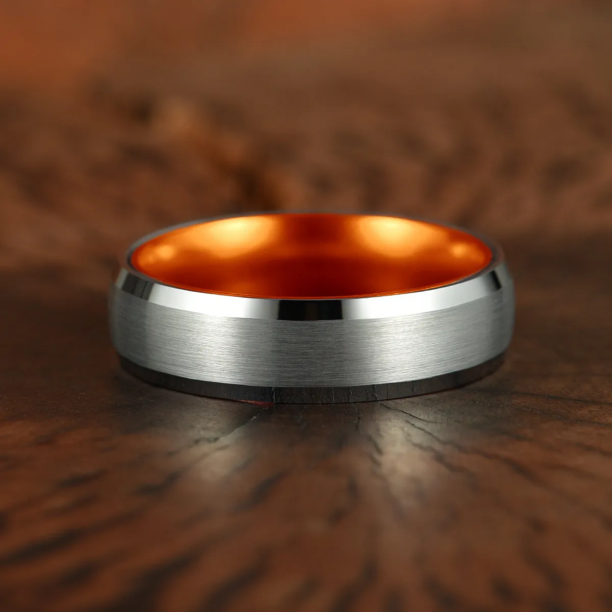 Pristine Passion Orange Interior Silver Tungsten Wedding Band 4MM