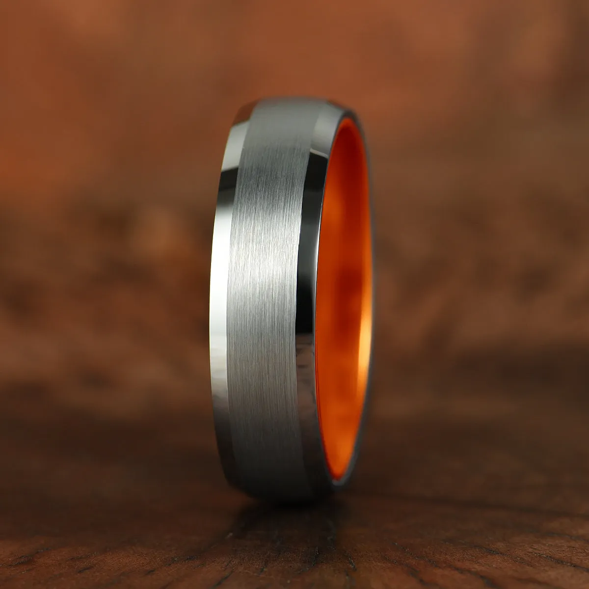 Pristine Passion Orange Interior Silver Tungsten Wedding Band 4MM