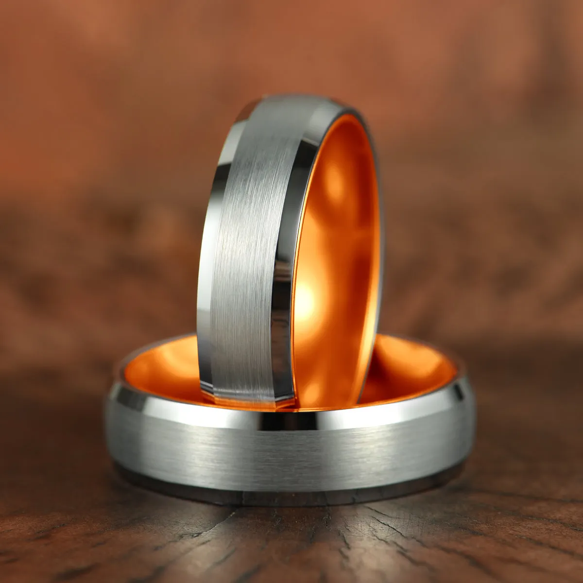 Pristine Passion Orange Interior Silver Tungsten Wedding Band 4MM