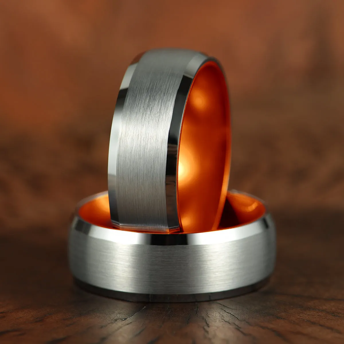 Pristine Passion Orange Interior Silver Tungsten Wedding Band 4MM