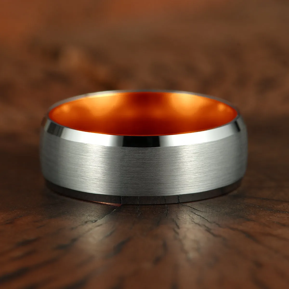 Pristine Passion Orange Interior Silver Tungsten Wedding Band 4MM