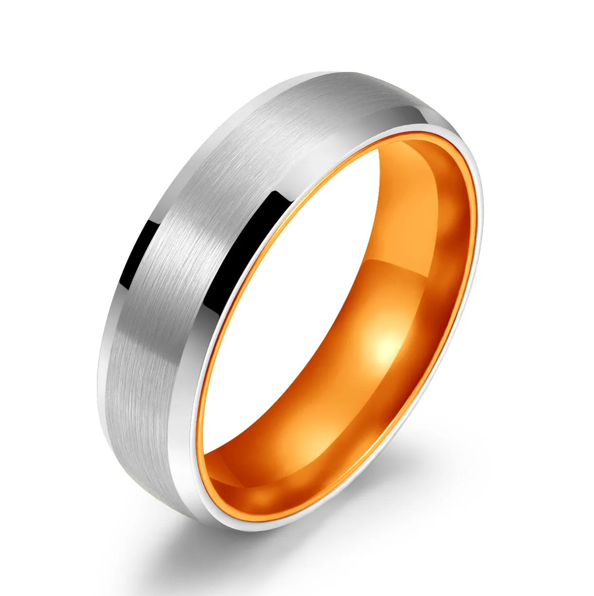 Pristine Passion Orange Interior Silver Tungsten Wedding Band 4MM
