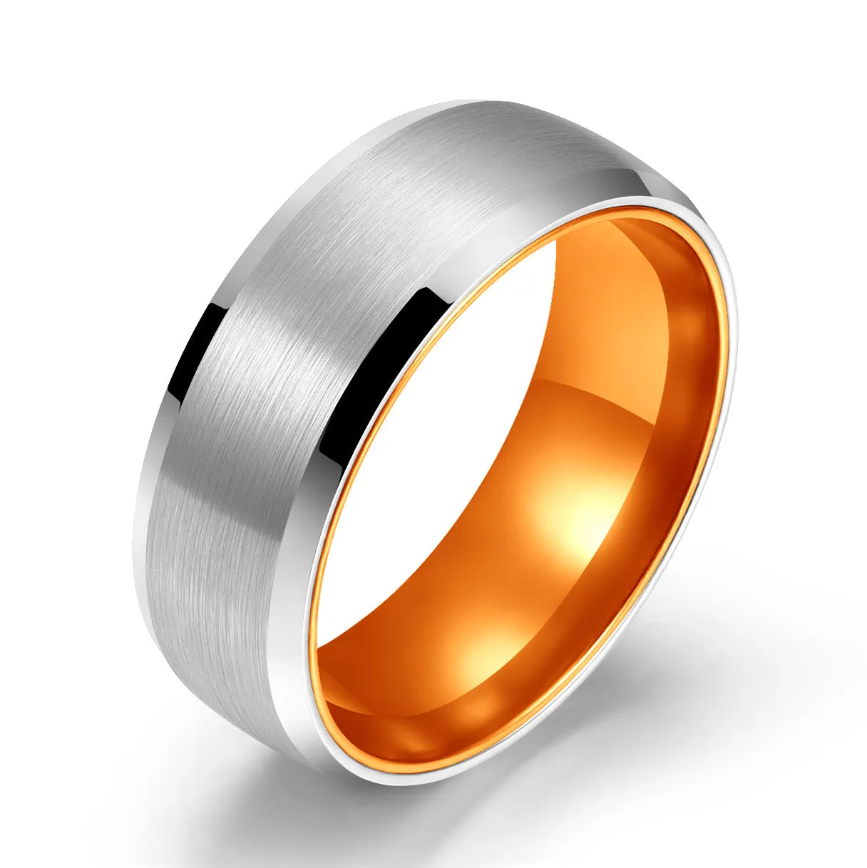 Pristine Passion Orange Interior Silver Tungsten Wedding Band 4MM