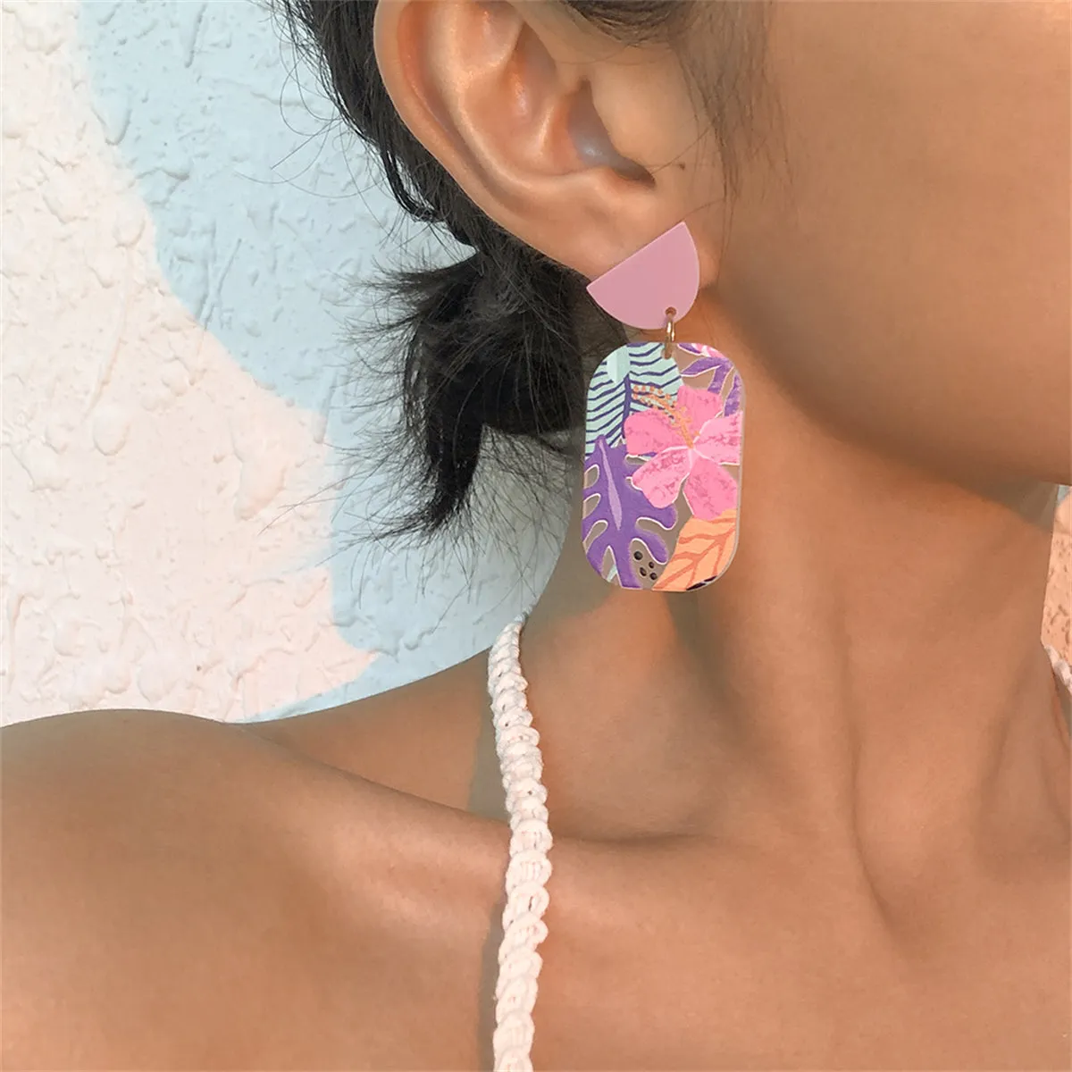 Purple Acrylic & 18K Gold-Plated Floral Rectangle Drop Earrings