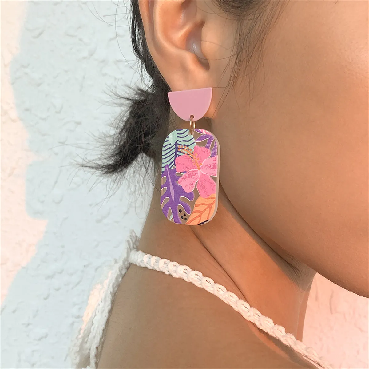 Purple Acrylic & 18K Gold-Plated Floral Rectangle Drop Earrings