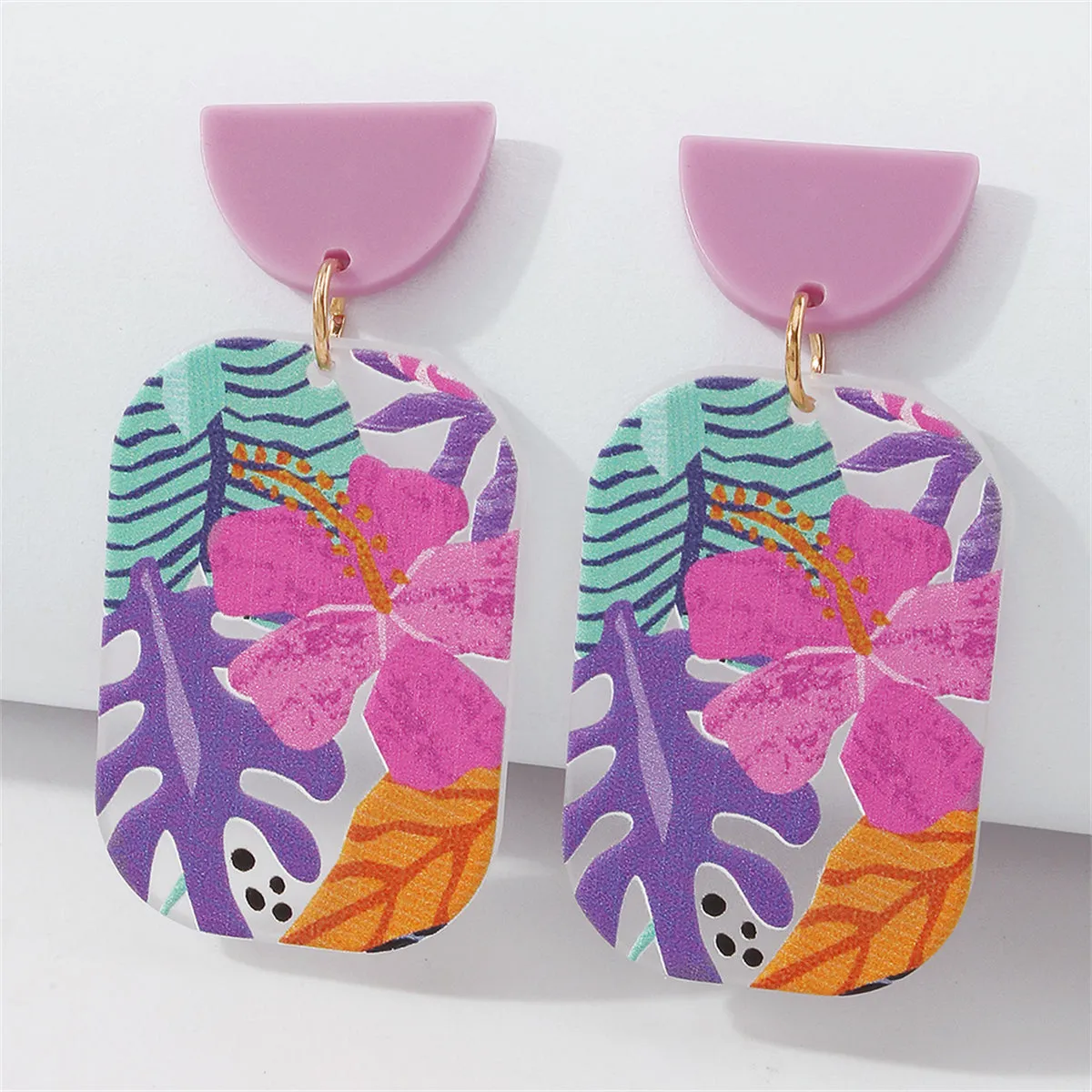 Purple Acrylic & 18K Gold-Plated Floral Rectangle Drop Earrings